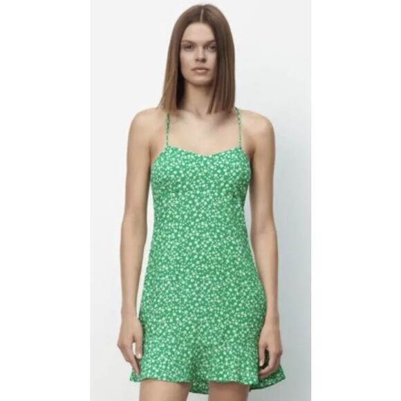 Zara Green Ditsy Floral Print Criss Cross Back Short Mini Dress Womens Medium - Picture 1 of 8
